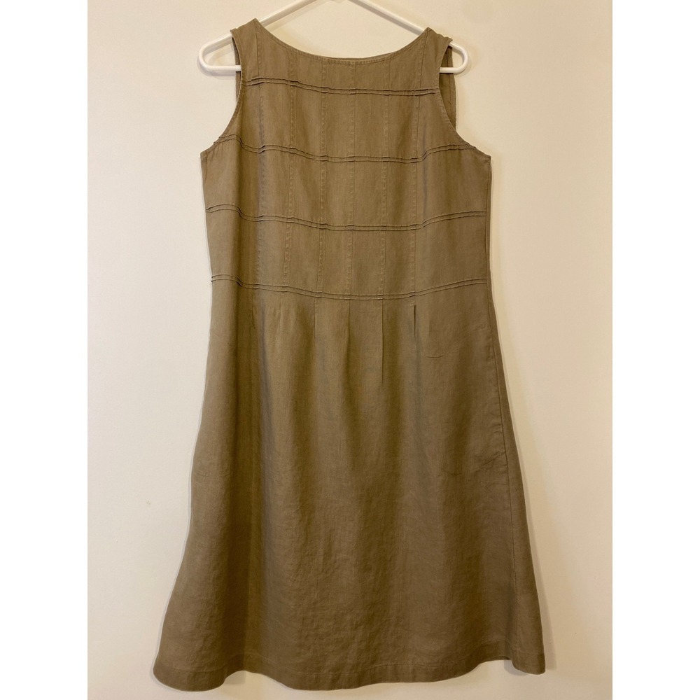 J.Jill Love Linen Khaki Tan Pintuck Sleeveless Shift Dress Womens Medium Tall